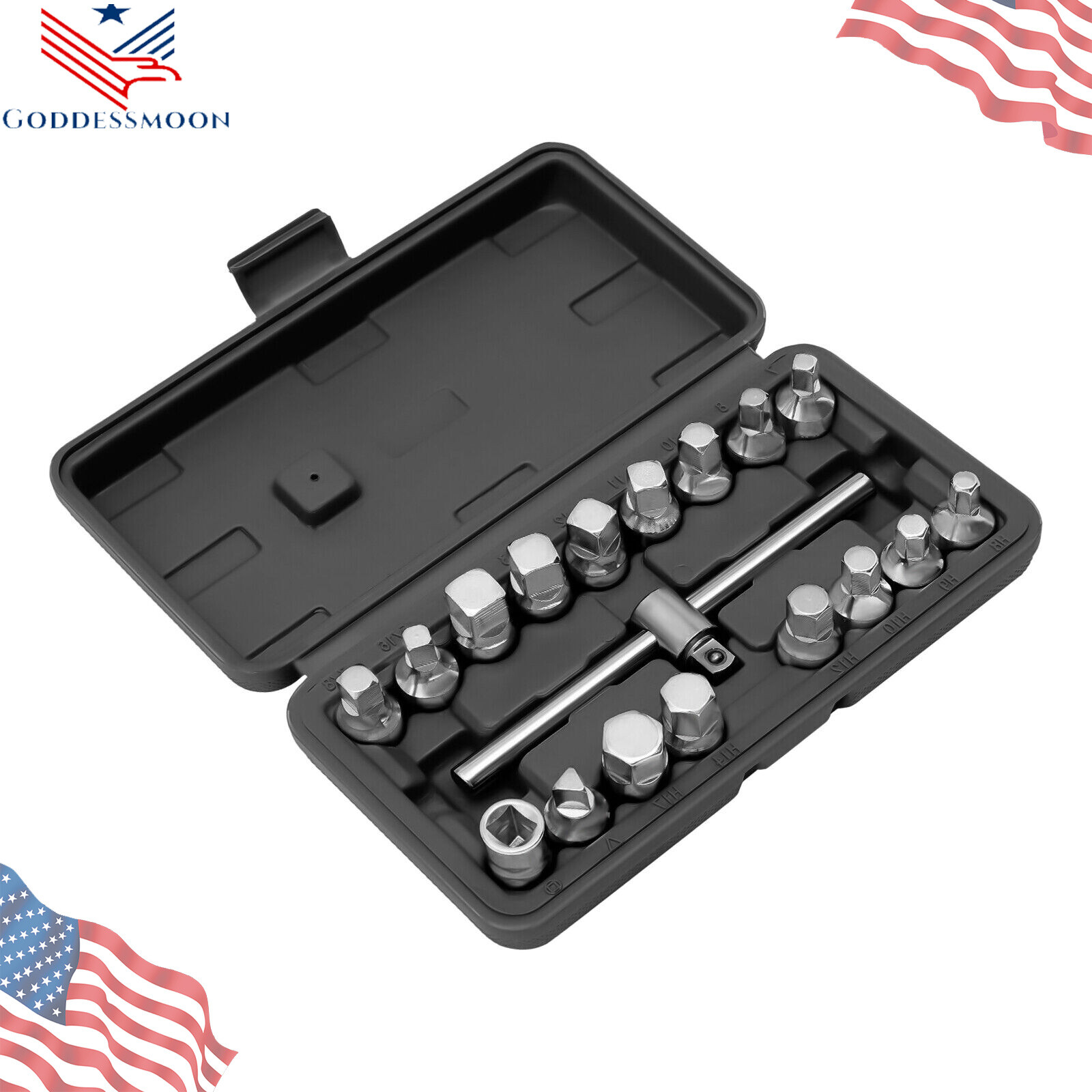 Oil Drain Pipe Plug Hexagon Square Socket Key Removal Tool Set 18Pcs 3/8''Drive