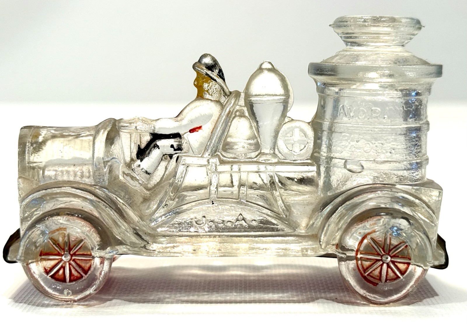 1930's Antique Clear Glass Hand Painted Original Candy Holder Firetruck *3.5a