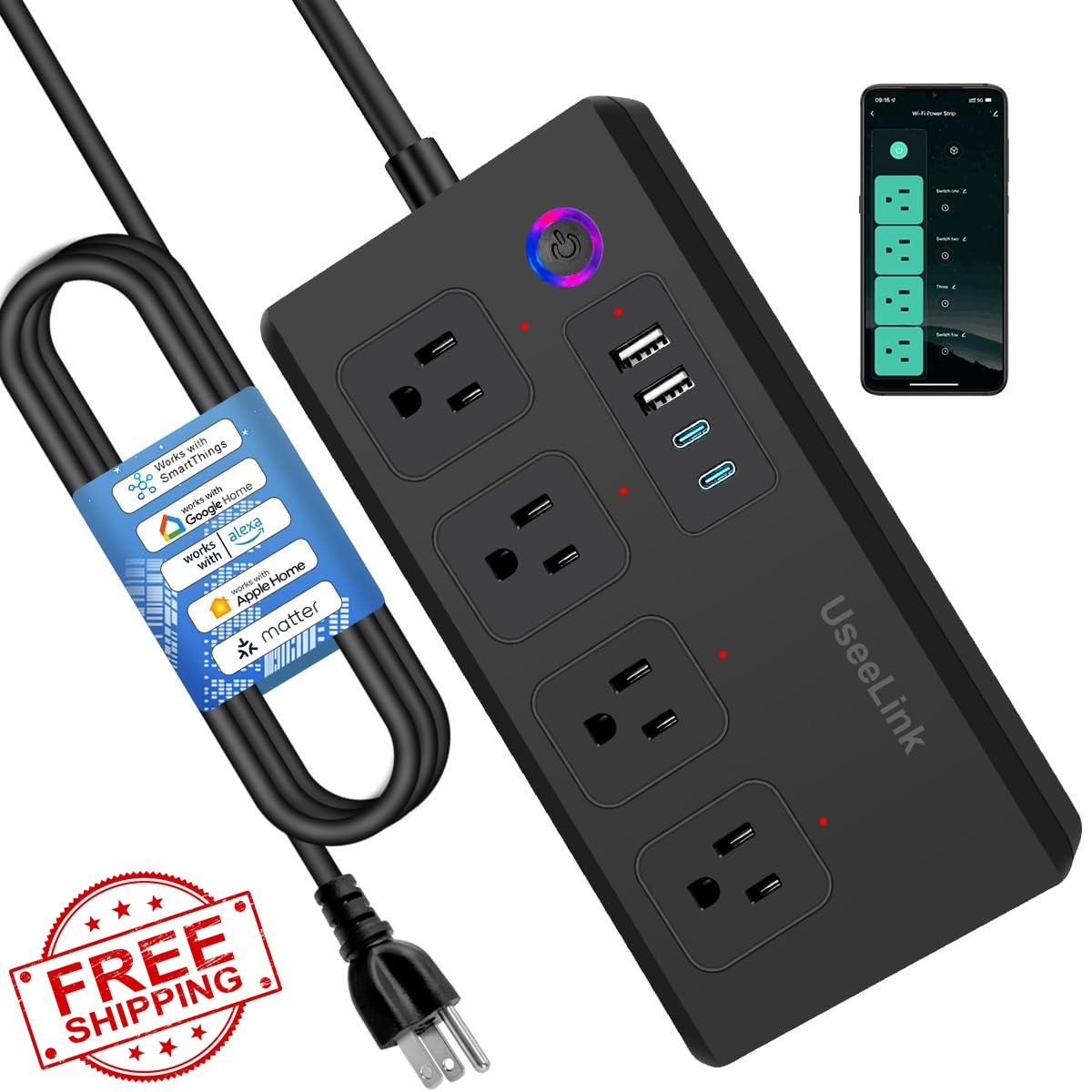 ZigBee Smart Power Strip Alexa Google Home 4 Outlet Black