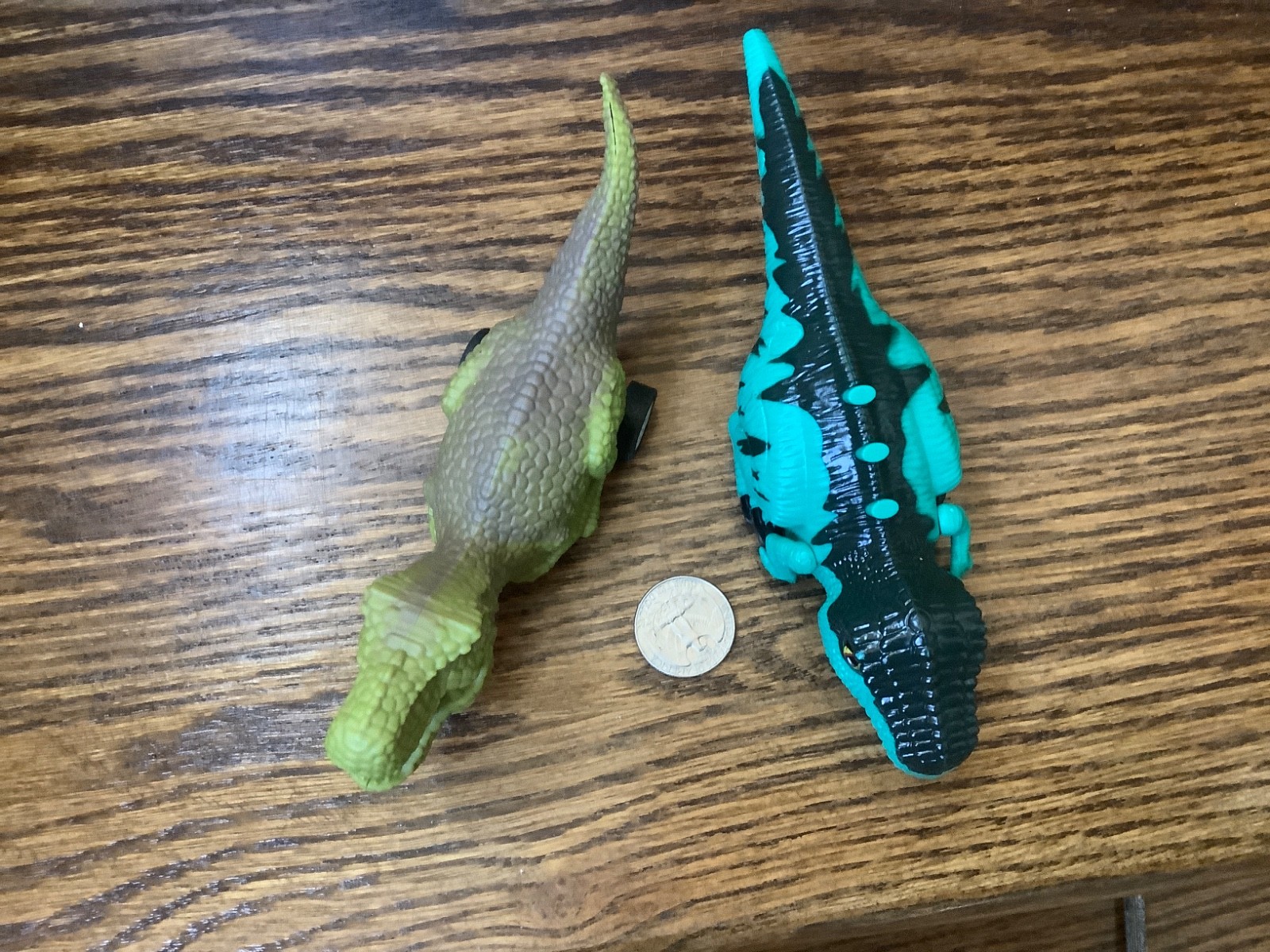 Roaring Dinosaur Pull Back 6 1/2" & Green Dinosaur on Wheels 6 1/4" Long