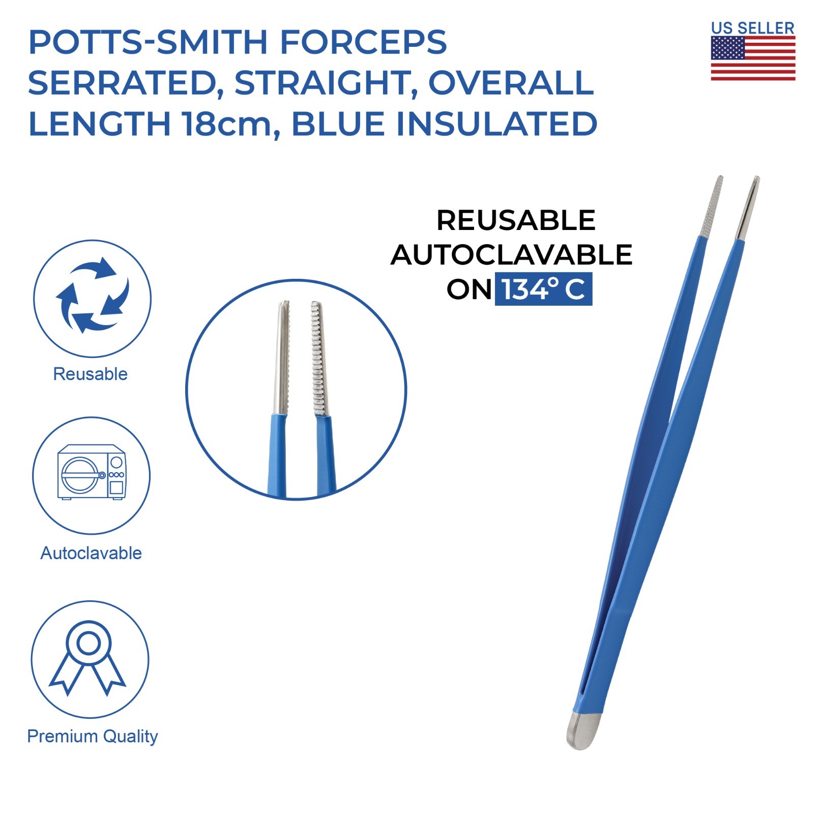 Insulated Potts Smith Forceps Straight Serrated Tips Premium Surgical instrument