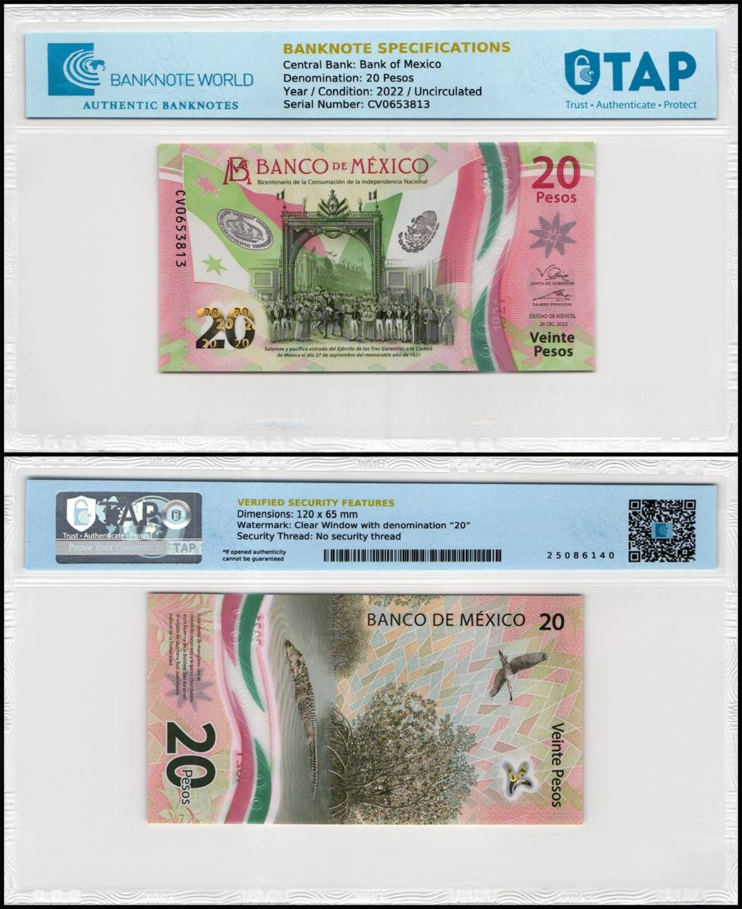 Mexico 20 Pesos, 2022, P-132h.5, UNC, Commemorative, Polymer, TAP Authenticated