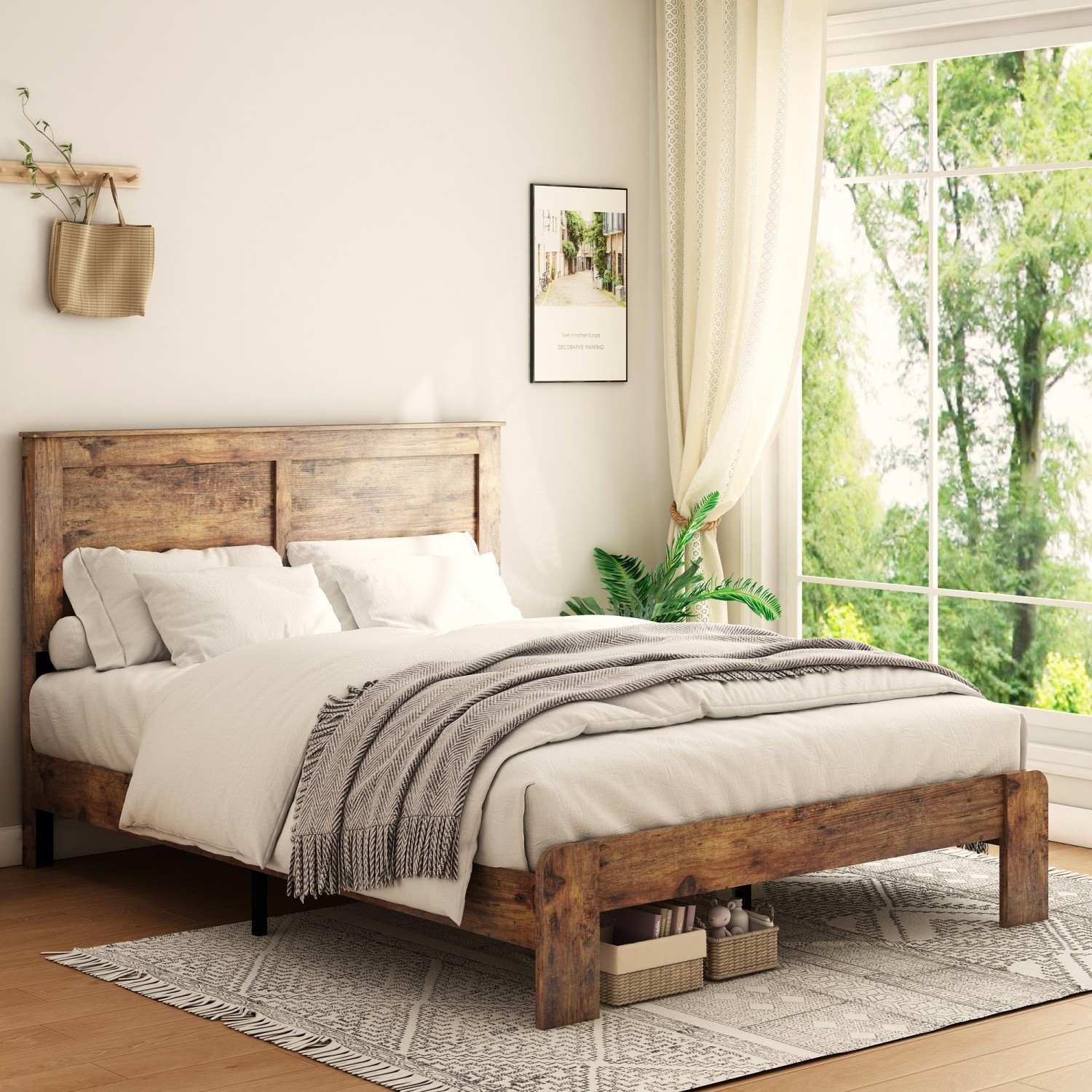 King Size Bed Frame Wood Platform Bed w/ Headboard Wood Slat Support Dark Brown