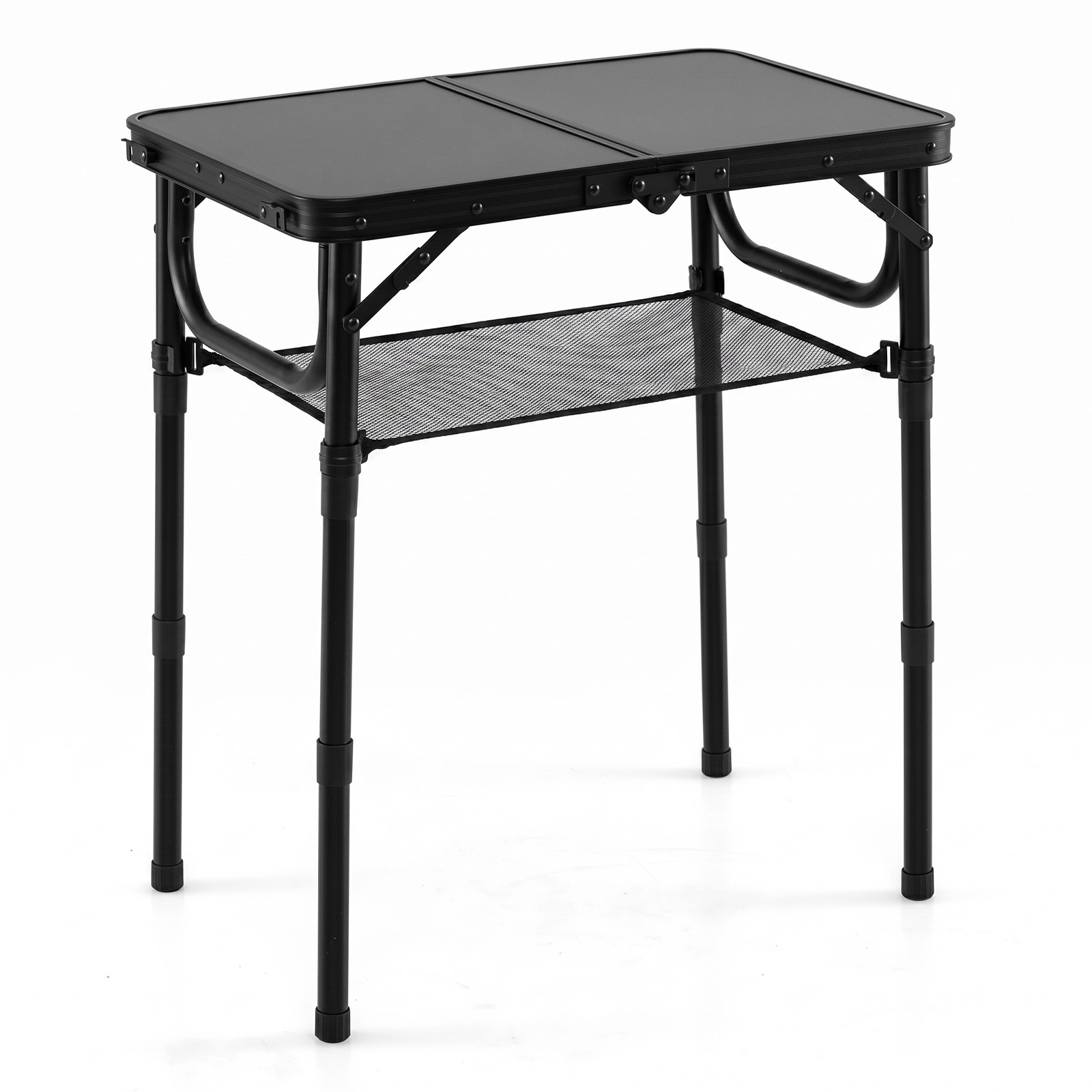 2 FT Small Folding Camping Table w/3 Adjustable Heights Storage Net Carry Handle