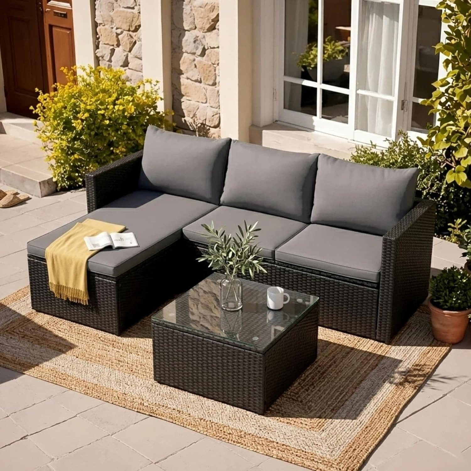 JAMFLY 3-Piece All-Season Wicker Patio Sectional Sofa Set with Coffee Table, Mod