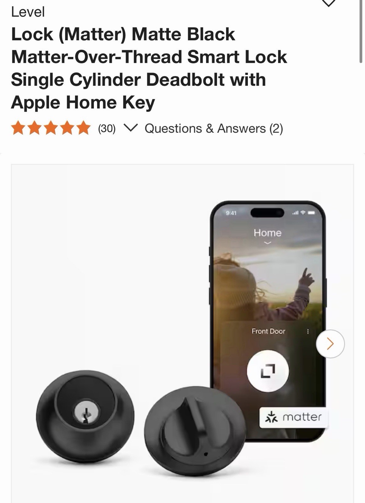 New! Level Lock (Matter) Matte Black Matter-Over-Thread Smart Lock