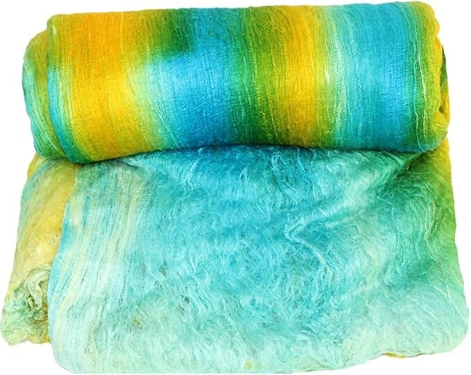 Knitsilk Premium A-Grade Mulberry Silk: Hand-Dyed Aqua Blue and Yellow Fibers