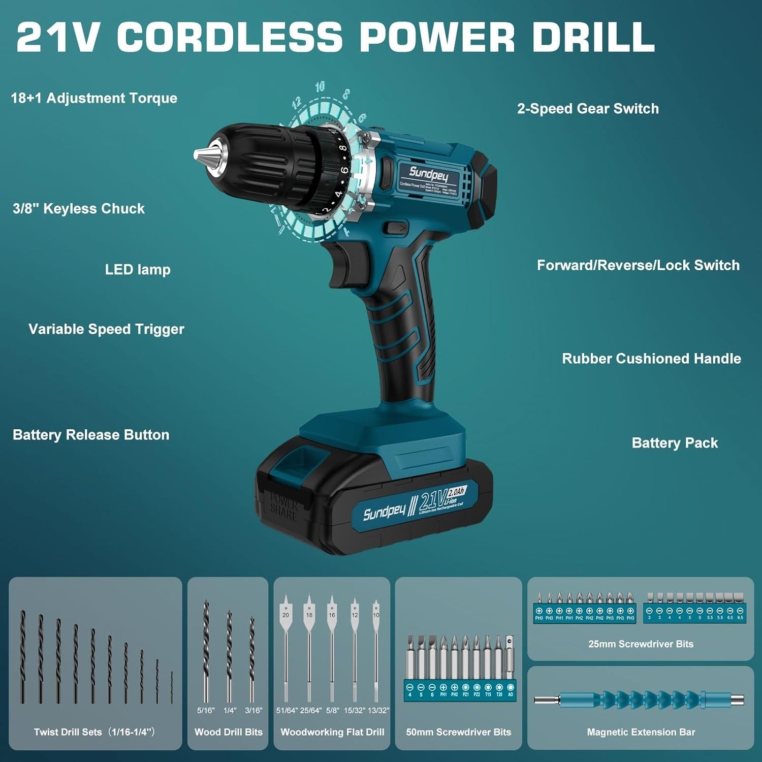 Tool Kit with 21V Cordless Drill - 255-PCs Portable Complete General Basic Ho...