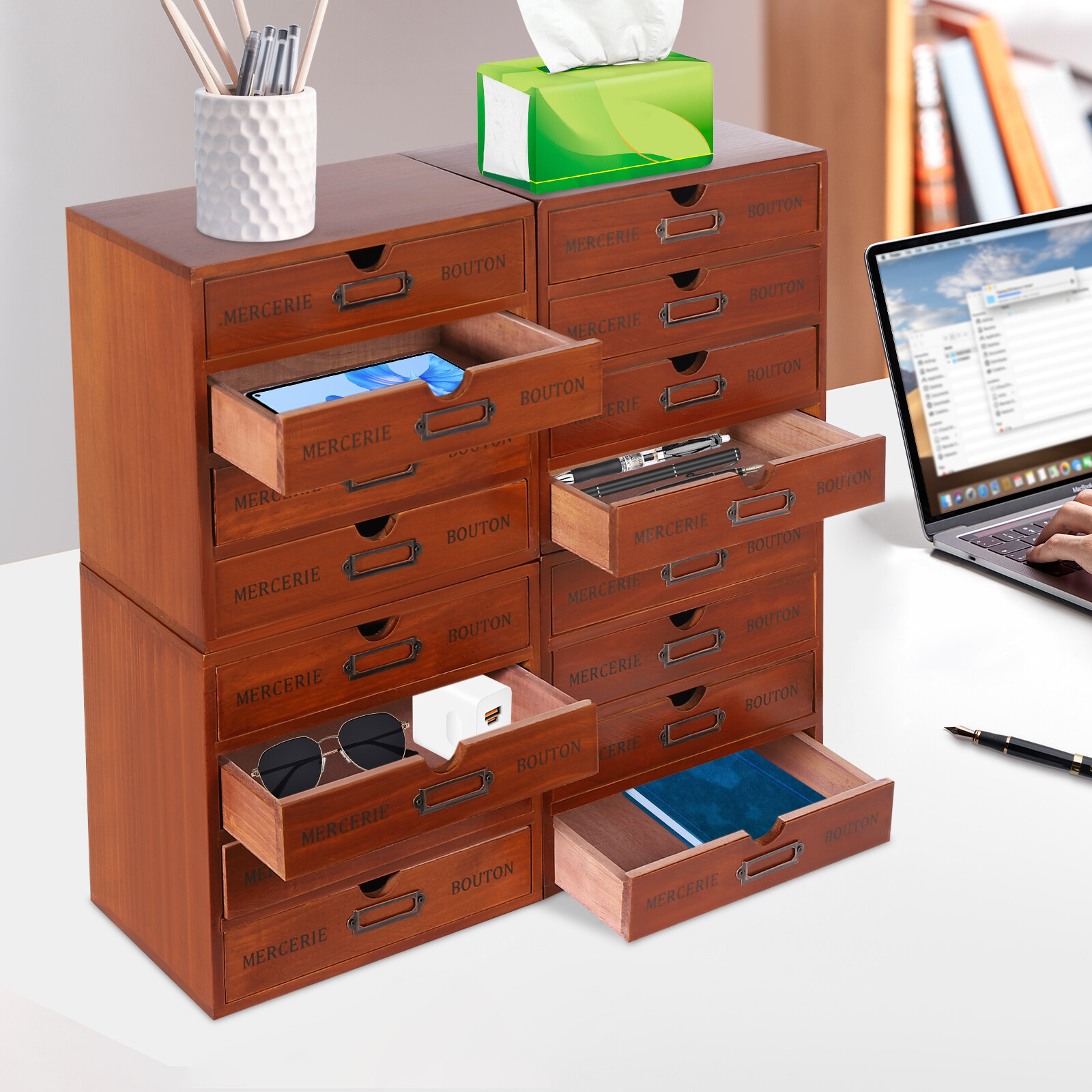 4PCS Wooden Storage Box 16 Drawers Wooden Desktop Organizer Tabletop