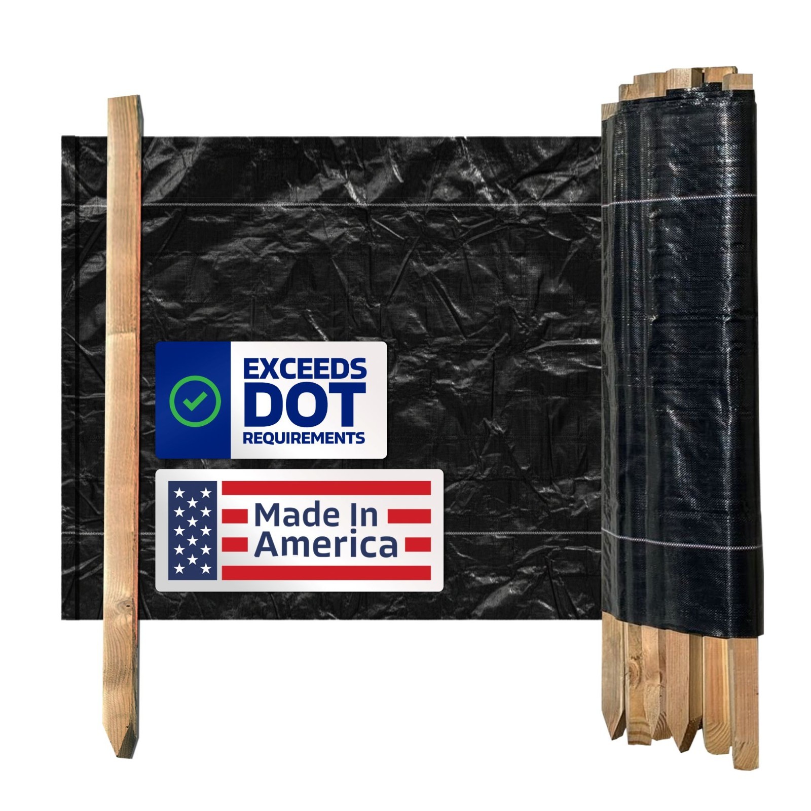 3 ft x 100 ft DOT Black Silt Fence with Wood Stakes (4 ft) - 1 Roll | Sandbaggy