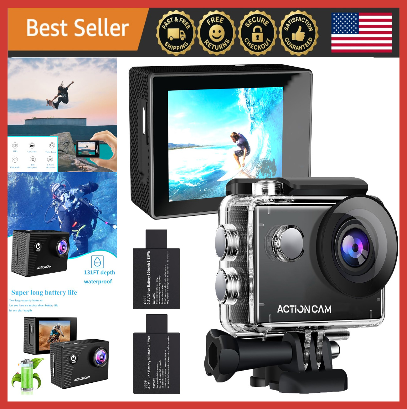 1080P HD Sports Action Camera Waterproof 131ft, Dual Batteries + Accessories