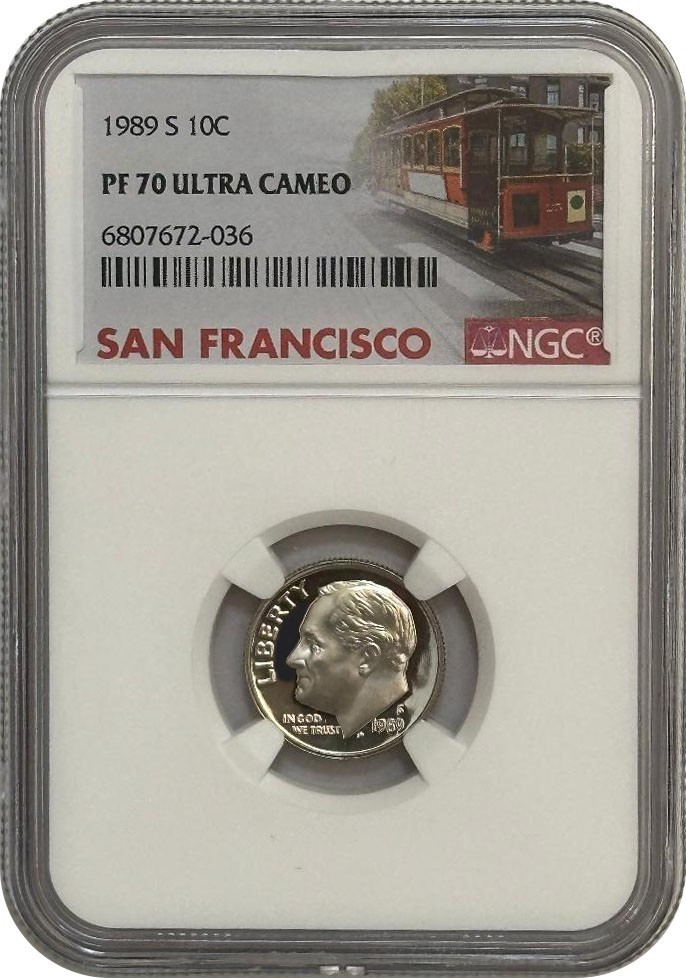1989-S Proof Roosevelt Dime Coin 10 Cents NGC PF70 Ultra Cameo Trolley Label