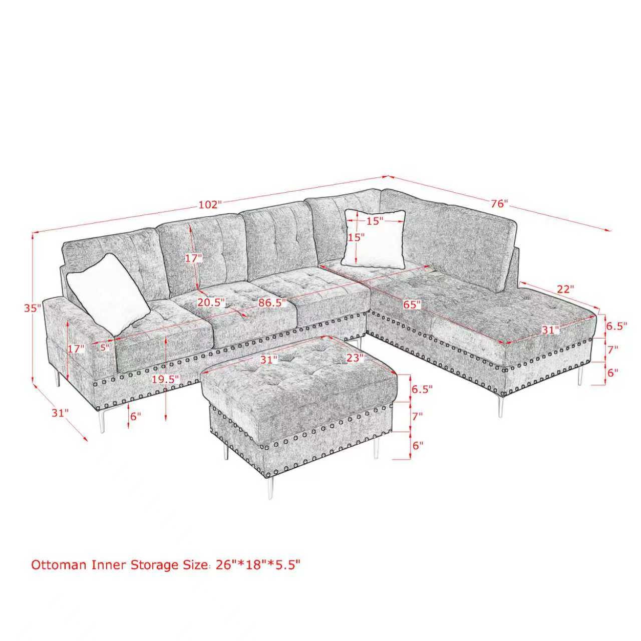 Sectional 3-Seaters Sofa with Chaise, Storage Ottoman, Metal Legs and Copper Na