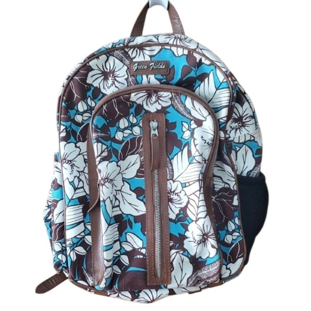 Green Fields Brown Leather Turquoise Floral Hawaiian Backpack for School Outdoor