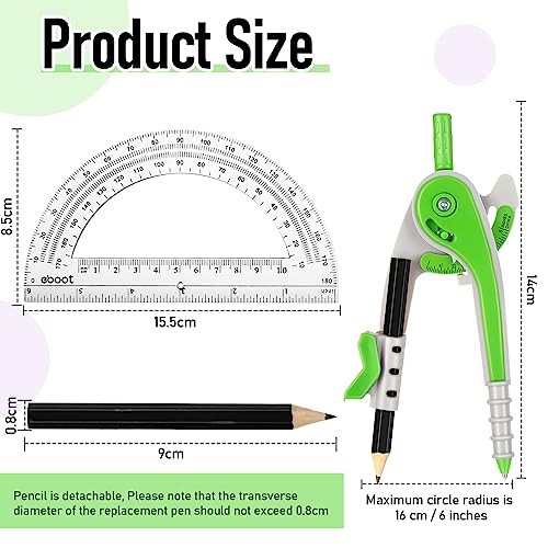 Student Geometry Math Set, Drawing Compass and 6 Inch Clear Swing Arm Green