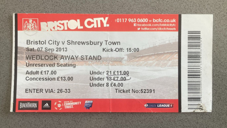 Bristol City v Shrewsbury Town 2013-14 Match Ticket
