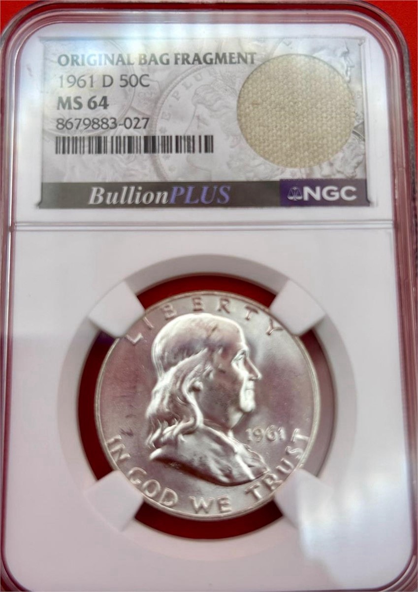 1961-D Franklin NGC MS64 Silver Half Dollar - Original Bag Fragment. Brilliant.