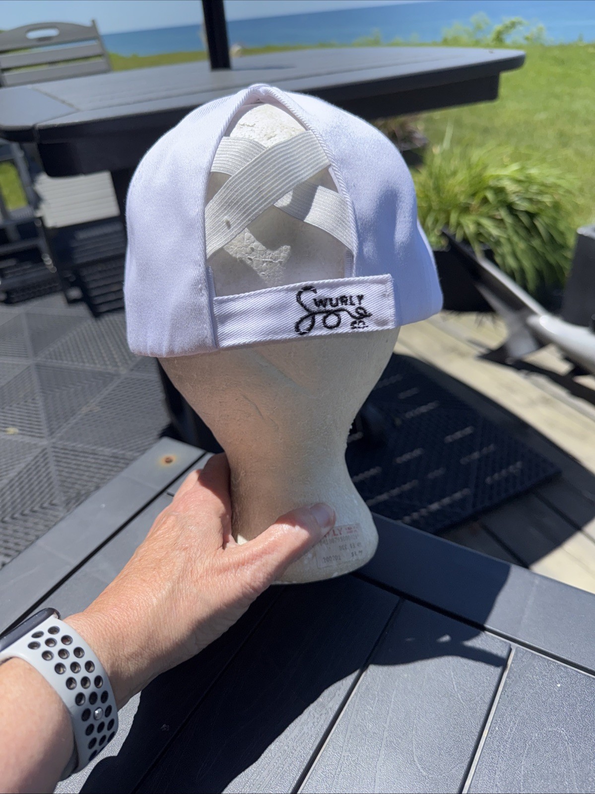 Swurly Co Black Logo on Silk Lined Baseball Hat Cap White Pony Tail Opening EUC