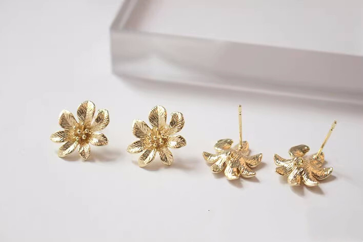 6pcs Gold Flower Stud Earring,Floral Ear Post,Gold Plated Brass Flower Earring