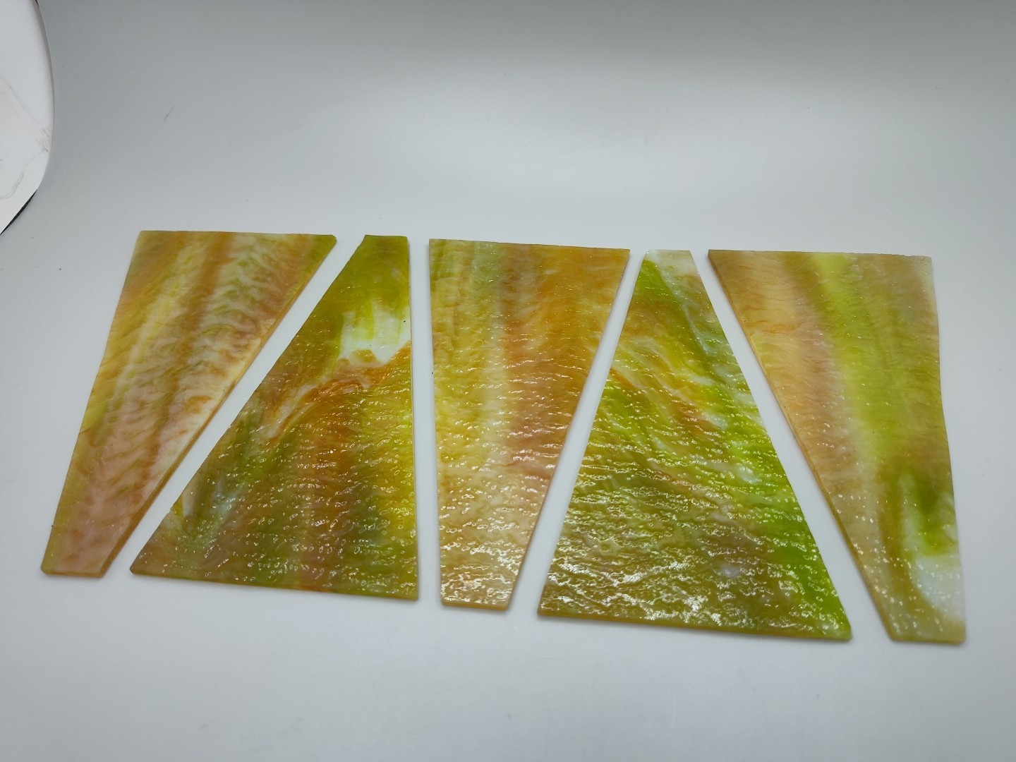 FIVE Greenish/Yellow Stained Glass Triangle Lamp Shade Panel Replacement Slag