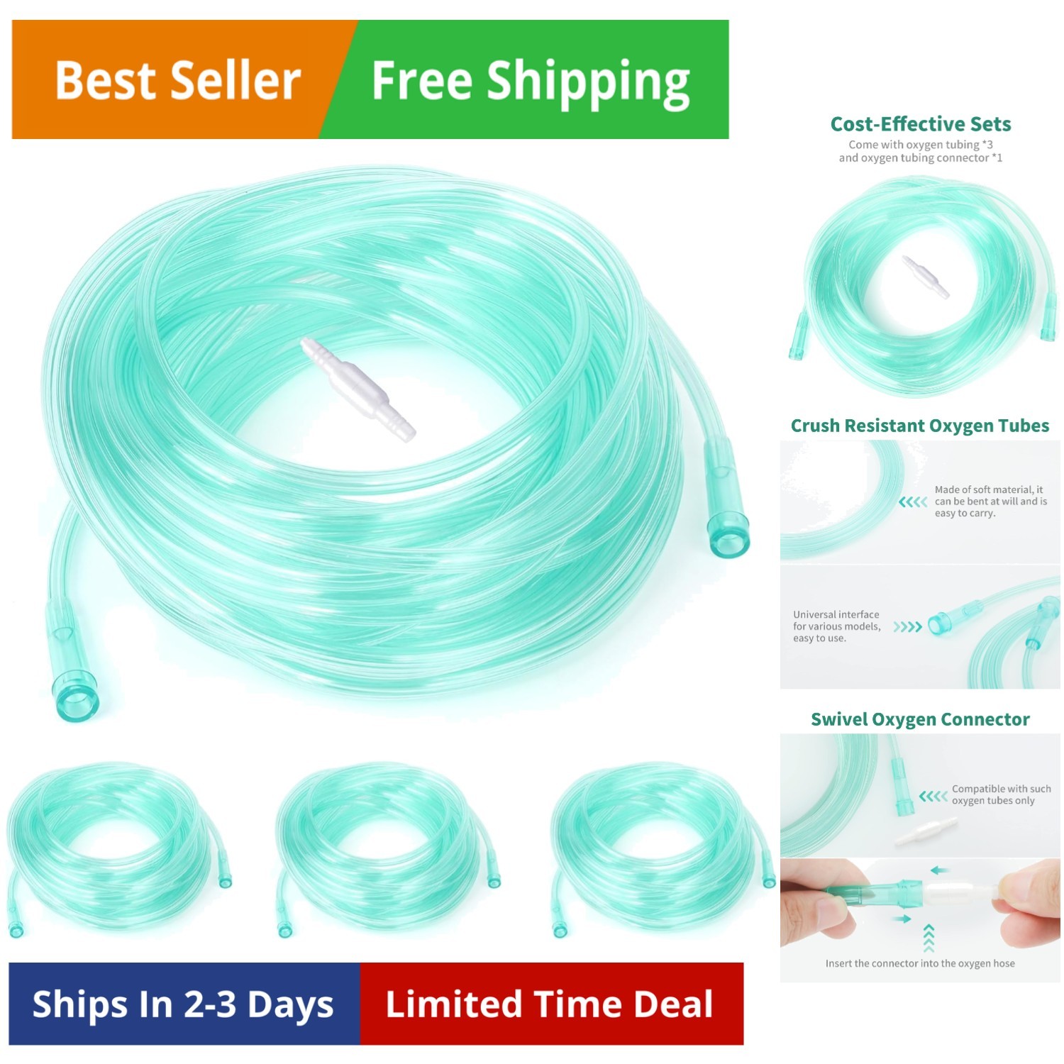 50Ft Oxygen Tubing, Crush Resistant High Flow Oxygen Tubing, 3 Pack Green Oxy...