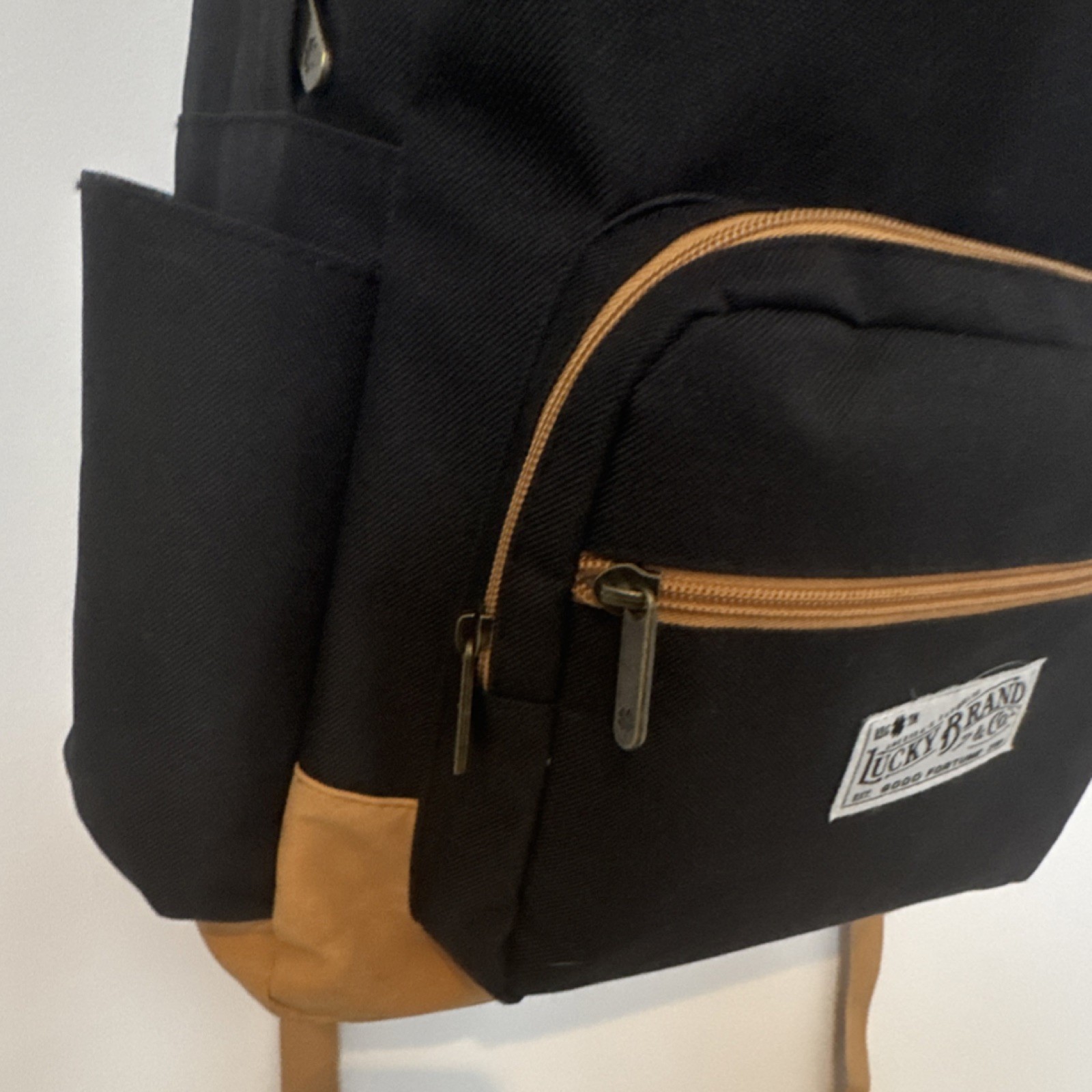 Lucky Brand Black Brown Canvas Hiking Backpack Patch Logo Adjustable Straps