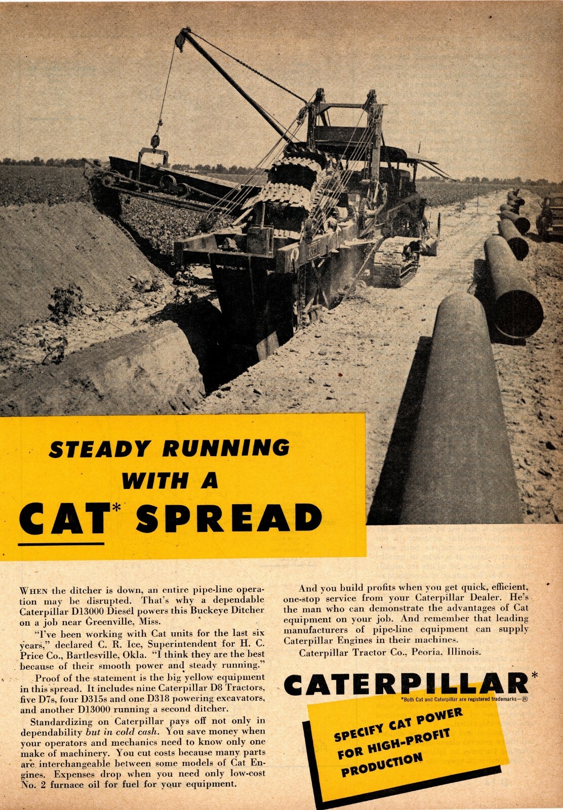 1953 Caterpillar D13000 Engine Ad: Buckeye Ditcher at Greenville, Mississippi