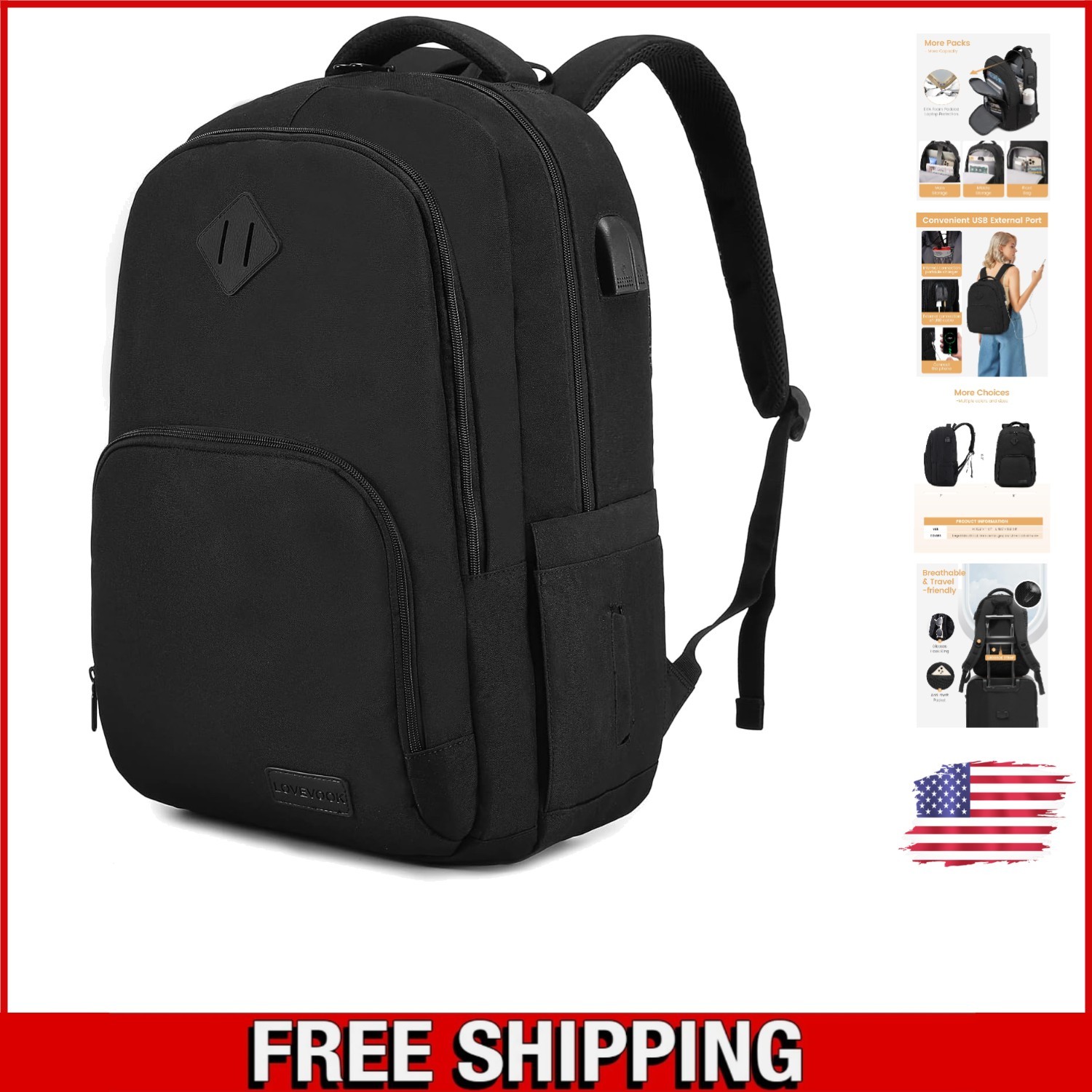Lightweight Black School Backpack for 15.6" Laptop - Stylish & Functional