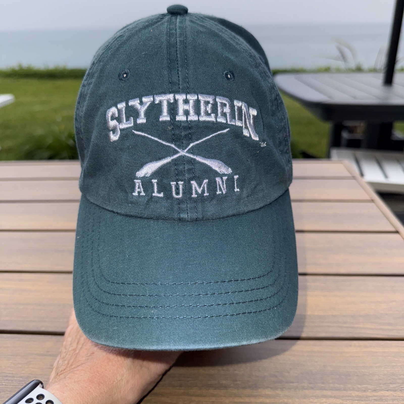 Slytherin Alumni White Silver on Forest Green Cotton Harry Potter Hat Cap EUC