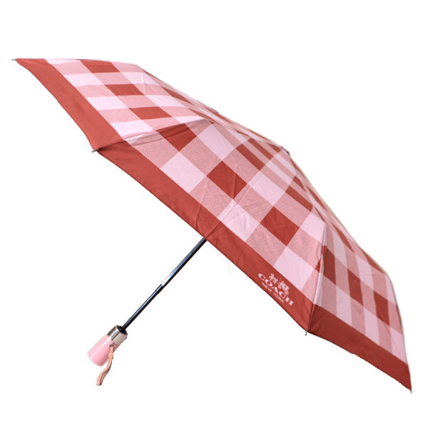NWT Coach 40" Plaid Printed Nylon Auto Compact Folding Umbrella 27404 SV/Blush