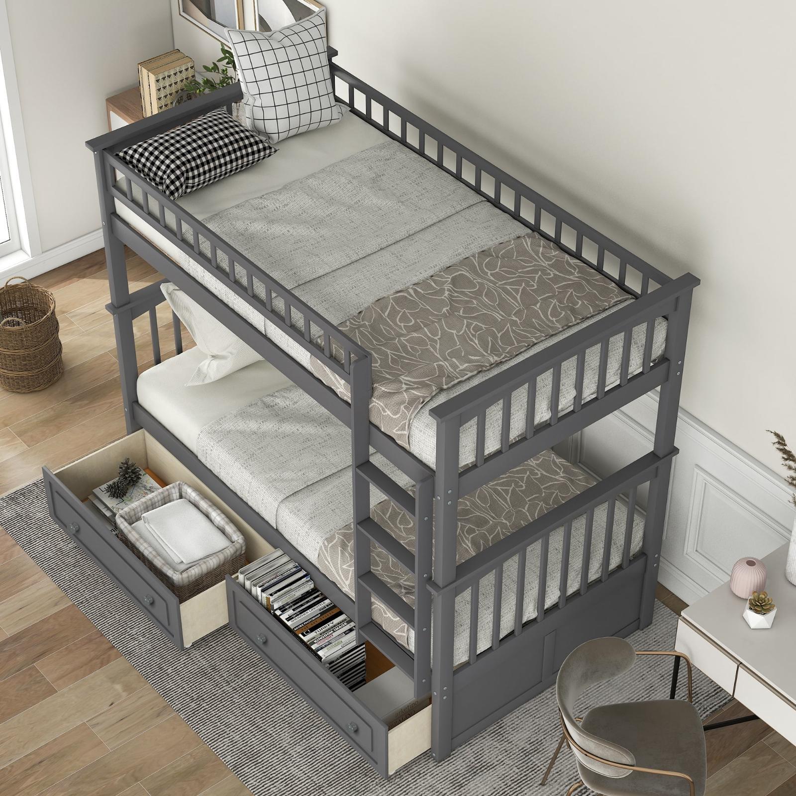 Classic Convertible Twin-Over-Twin Solid Wood Bunk Bed 2 Storage Drawers Ladder