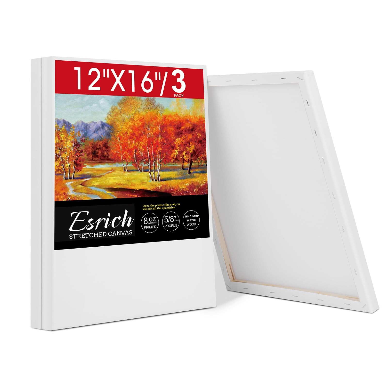 ESRICH Stretched Canvas for Painting 12x16 Inch, 3 Pack Blank 12x16, White