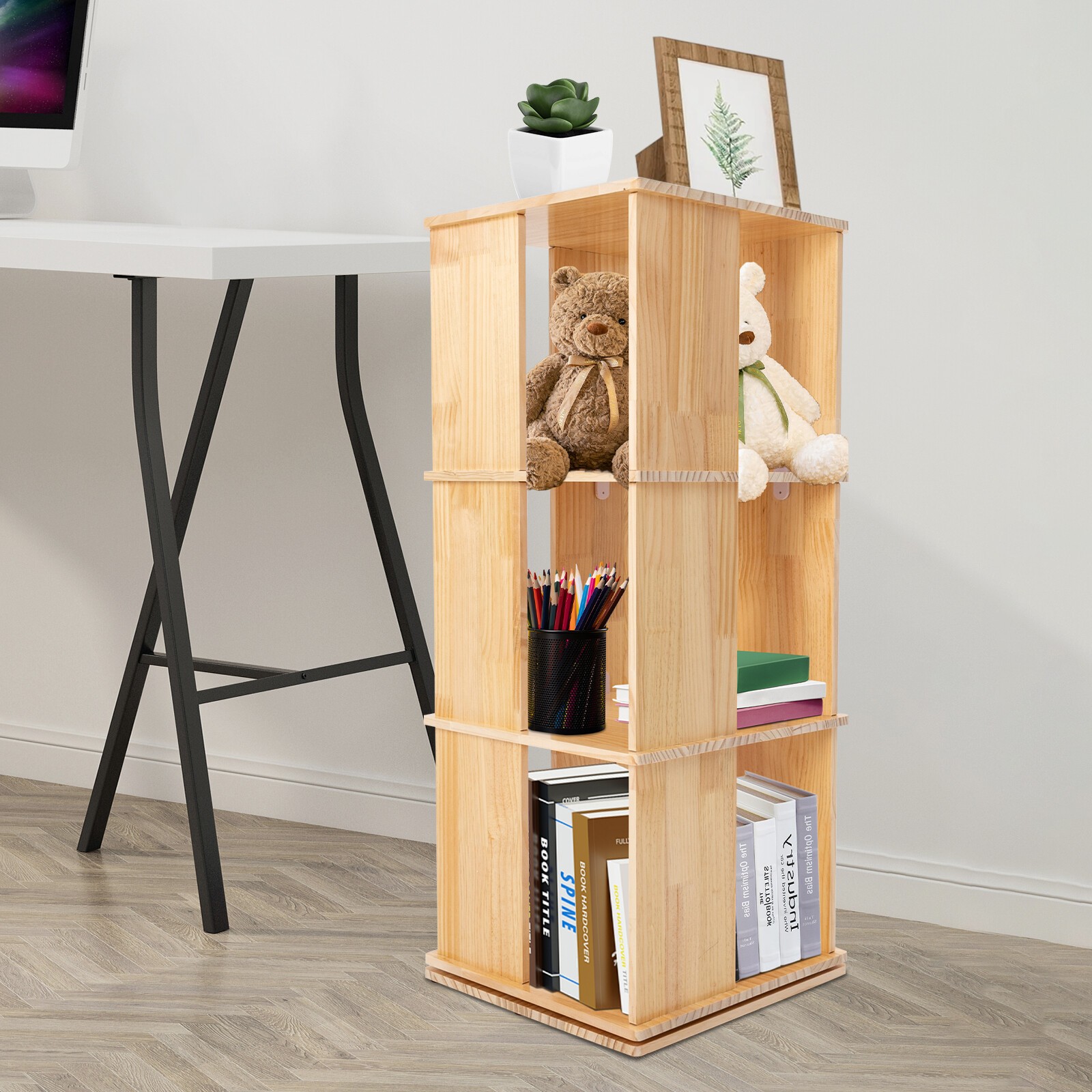 3 Tiers 360 Rotating Bookshelf Display Floor Standing Wood Bookcase Storage Rack