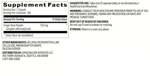 Amazon Basics Ginger Root Capsules, 550 mg 100 Count 100 (Pack of 1)