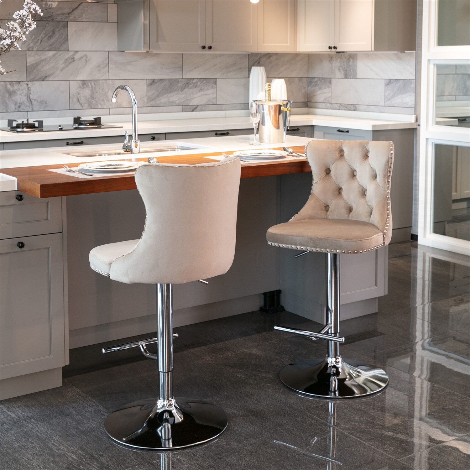 2PCS Velvet Bar Stools Counter Height Adjustable Kitchen Dining Chairs US