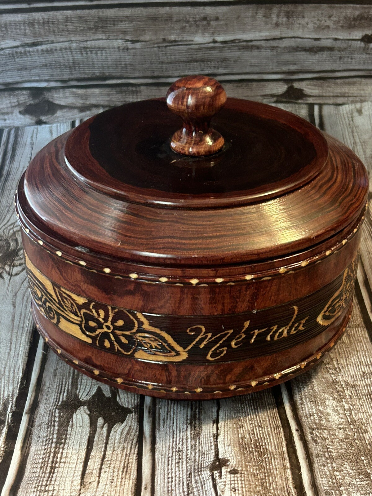 Ornate Carved Round Wooden Box from Merida