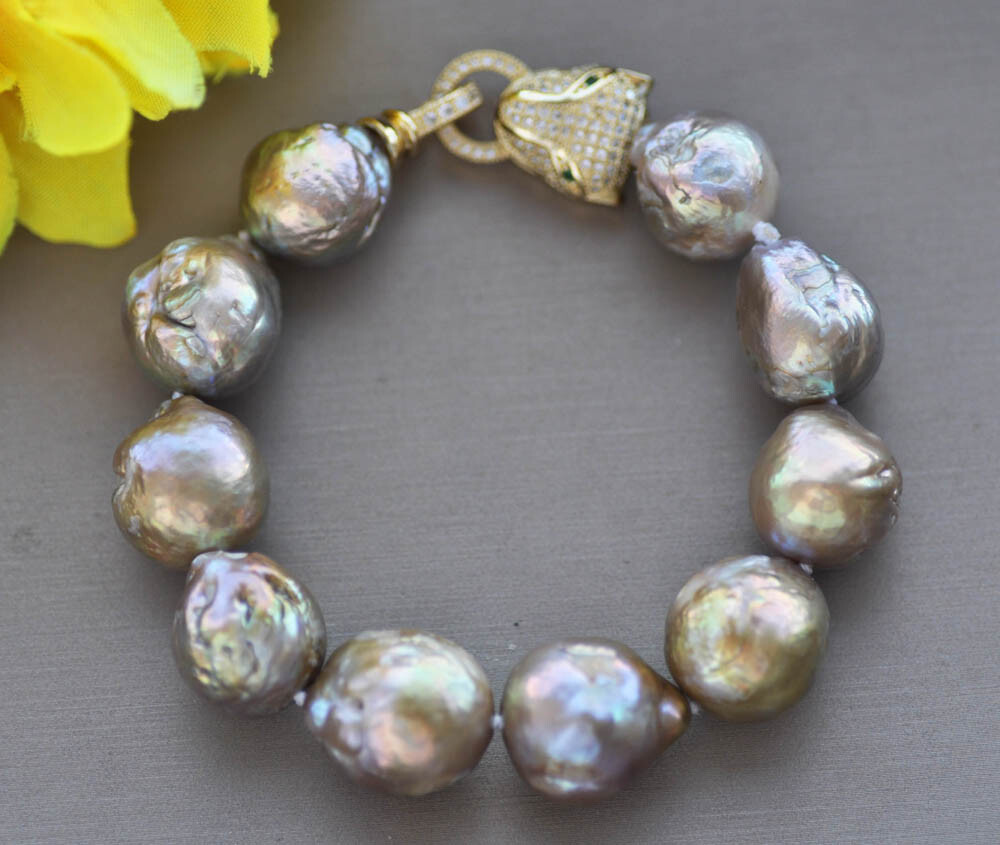 8" 16mm Lavender Peacock Almost-Round Edison Keshi Pearl Bracelet CZ