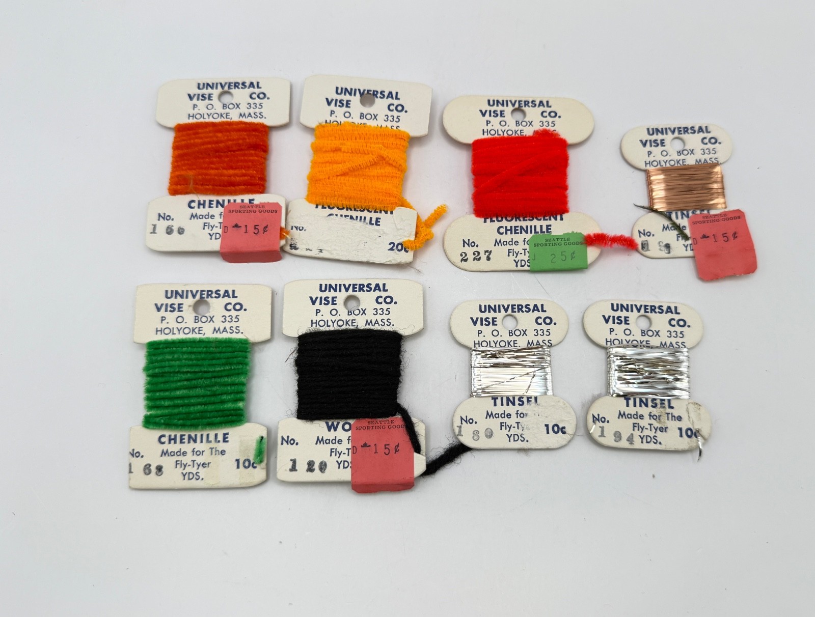 Universal Vise Co, Fly Fishing, Fly Tying, Chenile, Wool, Tinsel, Set of 8