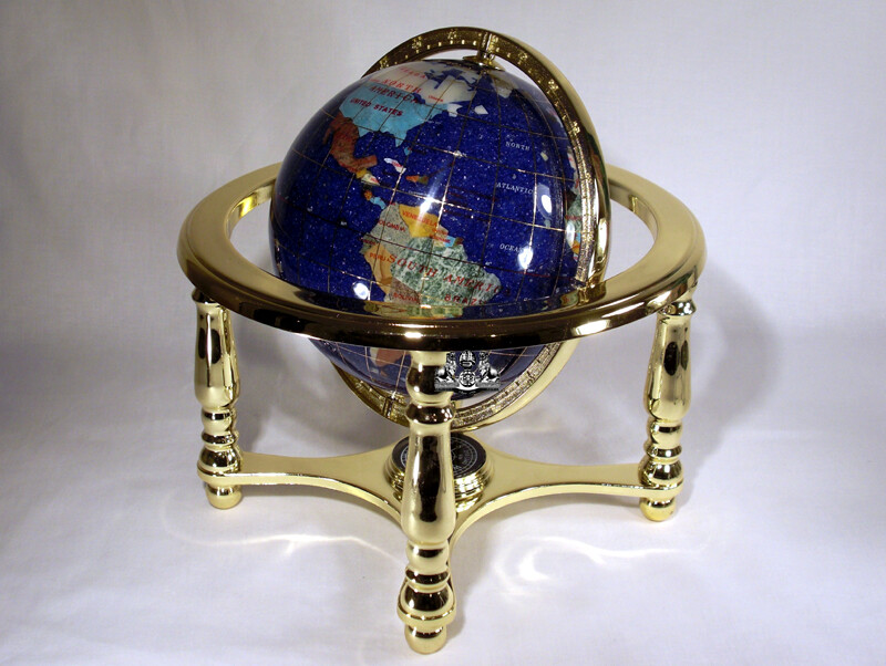 10" Tall Table Blue Crystallite Ocean Gemstone World Globe with zinc alloy stand