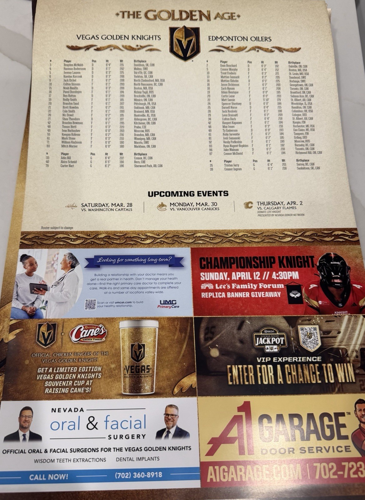 Vegas Golden Knights vs Edmonton Oilers 3/26/26 Game Poster - Rasmus Andersson