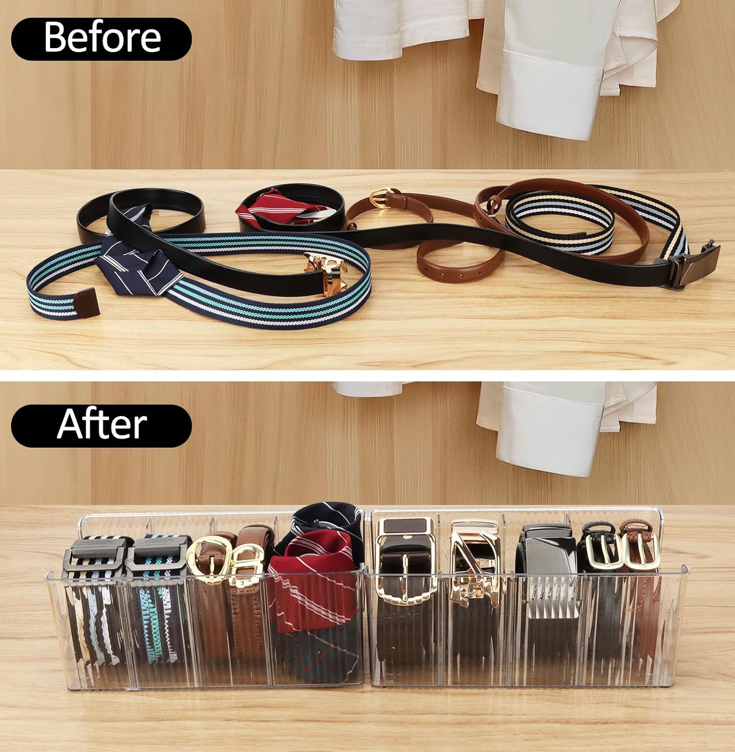 Acrylic Belt Organizer - 2 Pack with Adjustable 4 Compartments & Stackable Desig