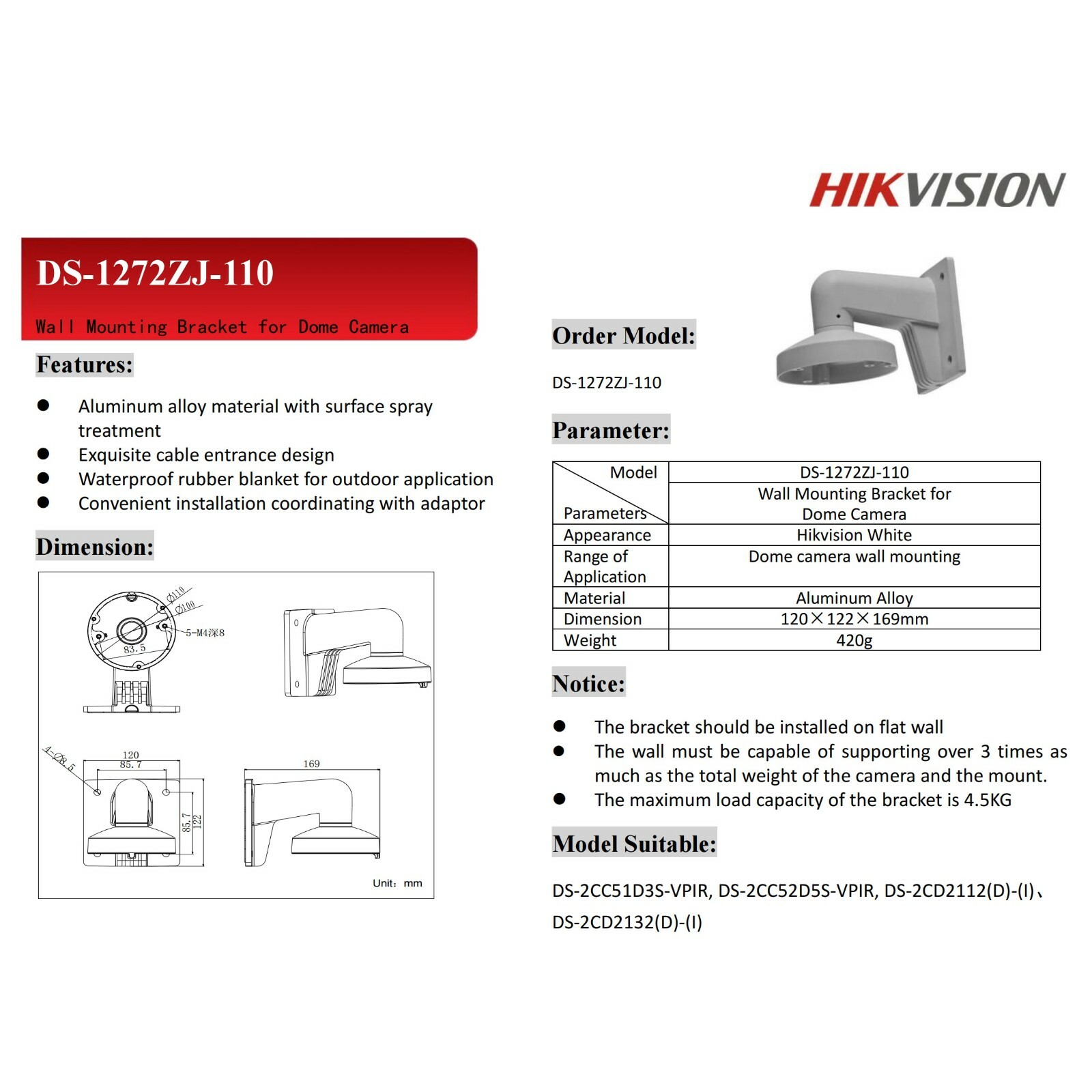 Original Hikvision DS-1272ZJ-110 Wall Mount Arm Bracket for Select Dome Camera