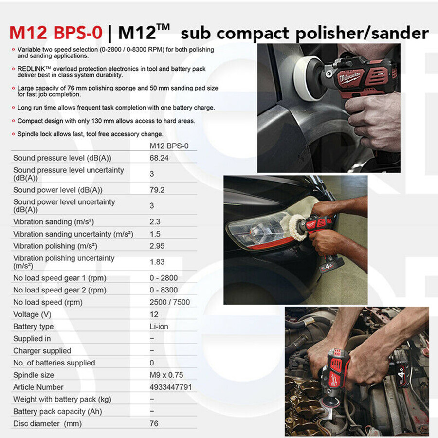 Milwaukee M12 BPS-0 Cordless Sub Compact Polisher Sander Grinder bare tool