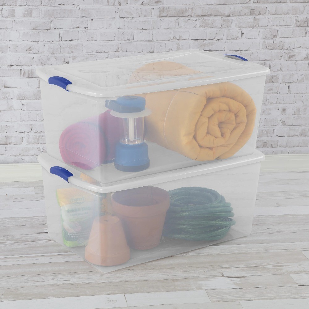 Clear Plastic Storage Bin with Blue Latching Lid 105 Quart Latch Box Container