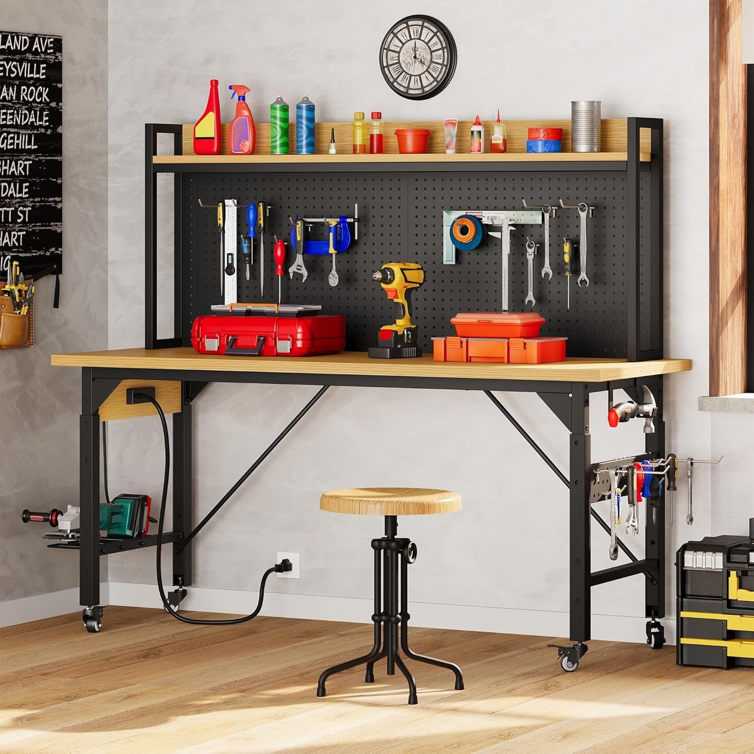 60" Adjustable Workbench with Pegboard, Heavy Duty Wood Top Work Bench with W...