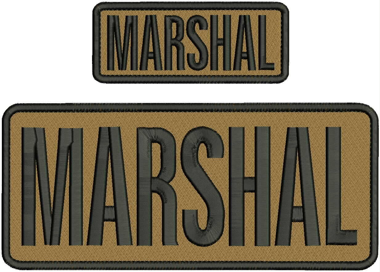 MARSHAL Embroidery Patches  4x10 and 2x5" Hook On Back Black On Coyote Brown