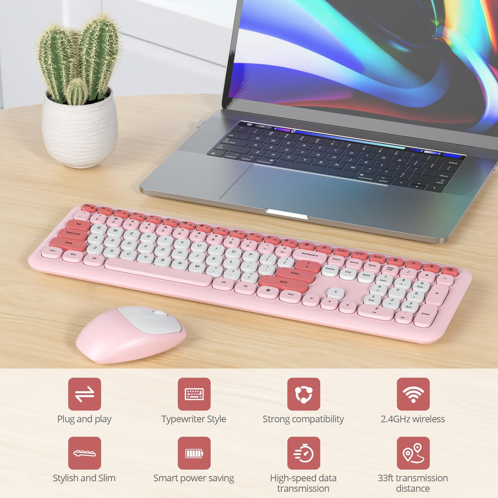 iRoboosta Pink Colorful Wireless Keyboard and Mouse Combo Set, Gradient