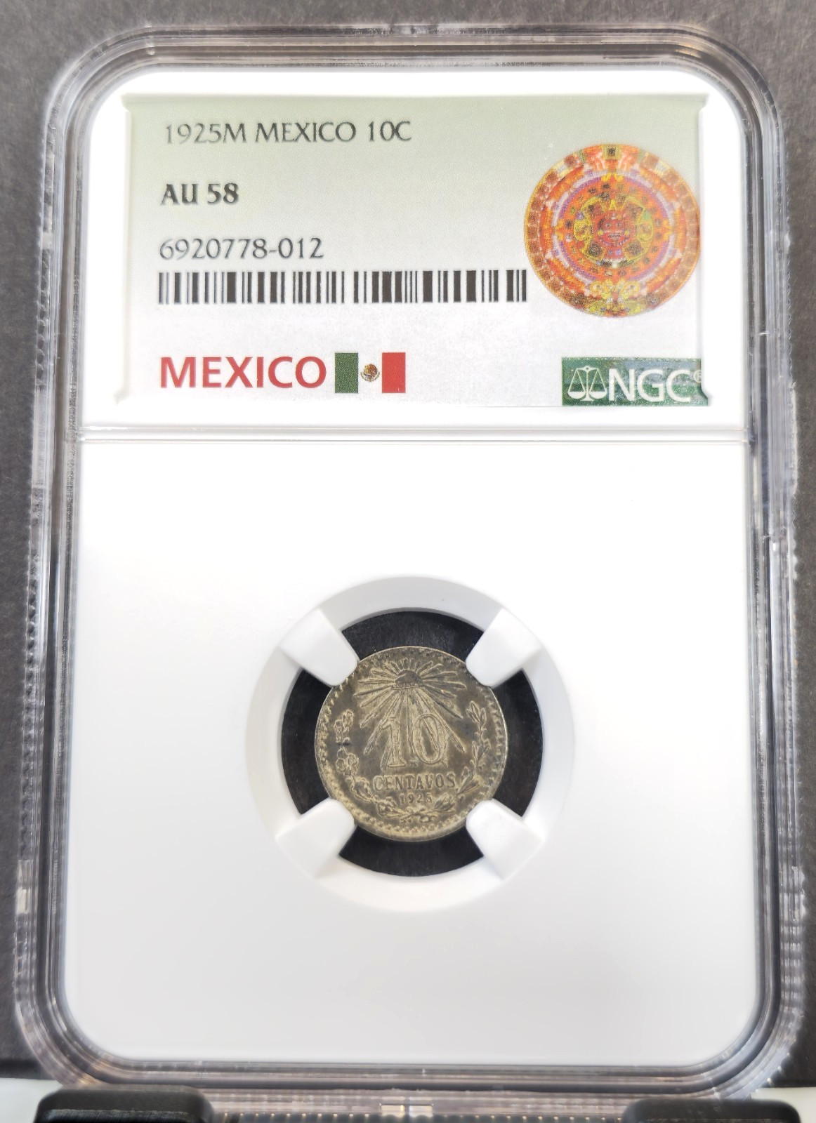 1925 MEXICO SILVER 10 CENTAVOS NGC AU 58 SCARCE HIGH GRADE