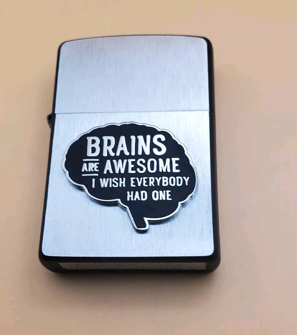 Zippo Lighter With A Brains Are Awesome Medallion Silver And Black,  Preowned