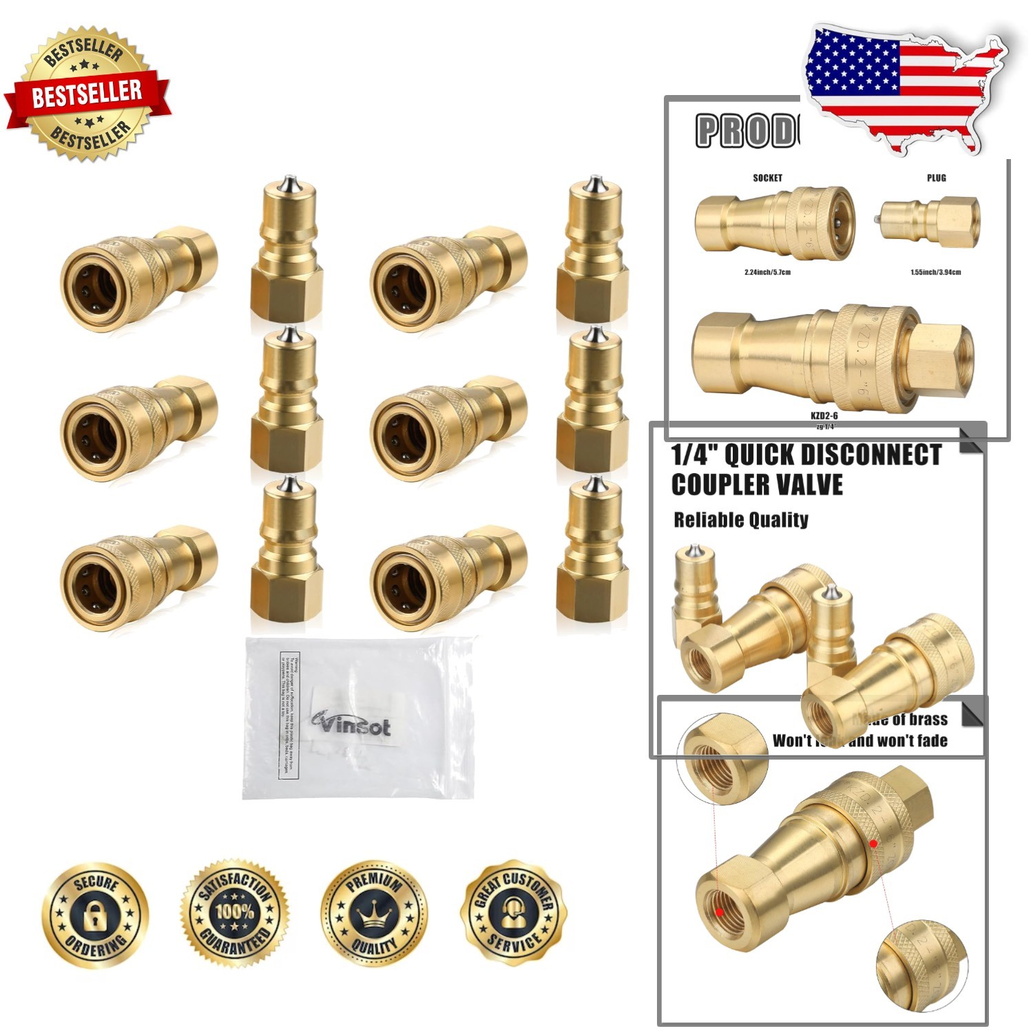 6pc 1/4" NPT Quick Disconnect Couplers, 6000 PSI Brass for Carpet Wands